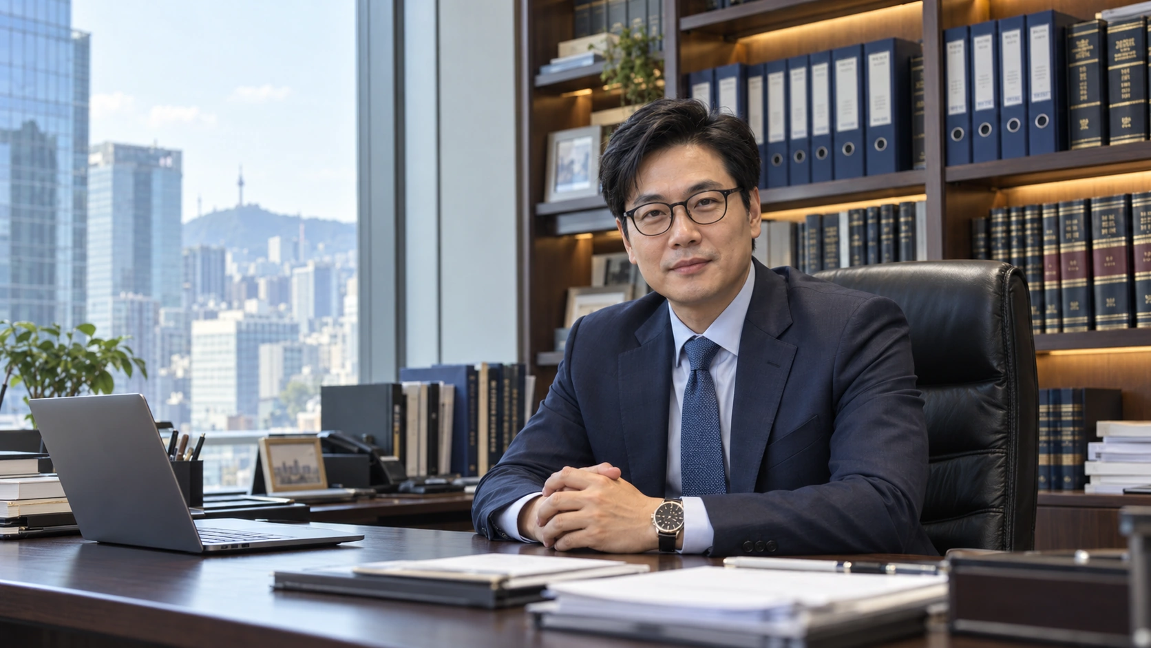 밝은 사무실에서 휴대폰으로 상담 기록을 살펴보는 전문가